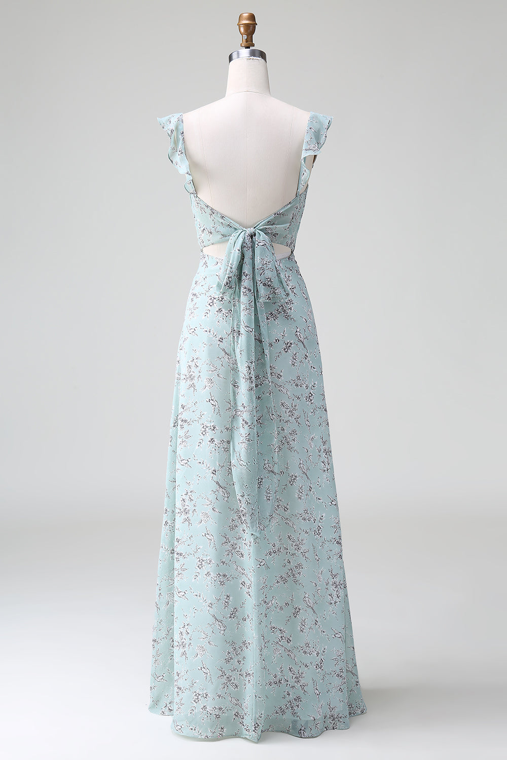 Grey Green Sheath Floral Print Long Chiffon Bridesmaid Dress With Slit