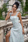 Grey Green Sheath Floral Print Long Chiffon Bridesmaid Dress With Slit