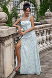 Grey Green Sheath Floral Print Long Chiffon Bridesmaid Dress With Slit