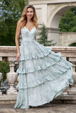 Grey Green A Line Spaghetti Straps Long Bridesmaid Dress With Ruffles