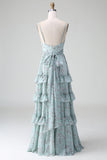 Grey Green A Line Spaghetti Straps Long Bridesmaid Dress With Ruffles