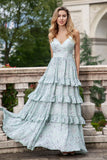 Grey Green A Line Spaghetti Straps Long Bridesmaid Dress With Ruffles