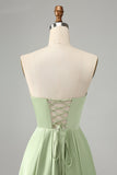 Green A Line Pleated Strapless Keyhole Bridesmaid Dress With Slit