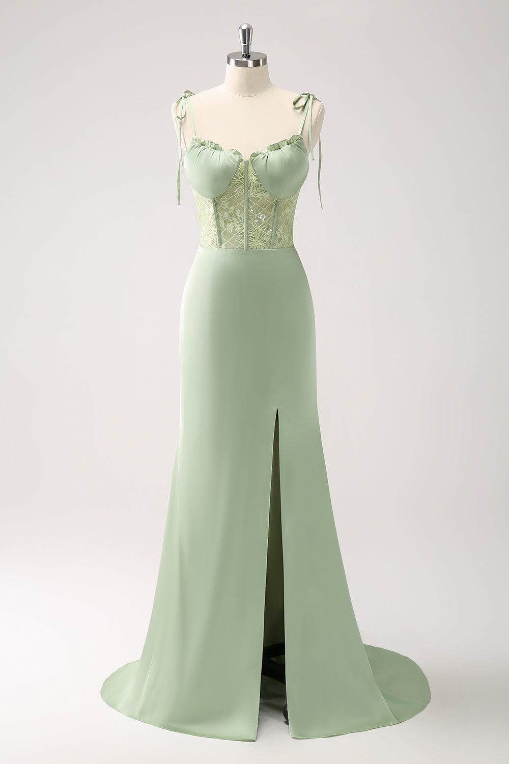 Green Sheath Corset Lace Long Bridesmaid Dress with Slit