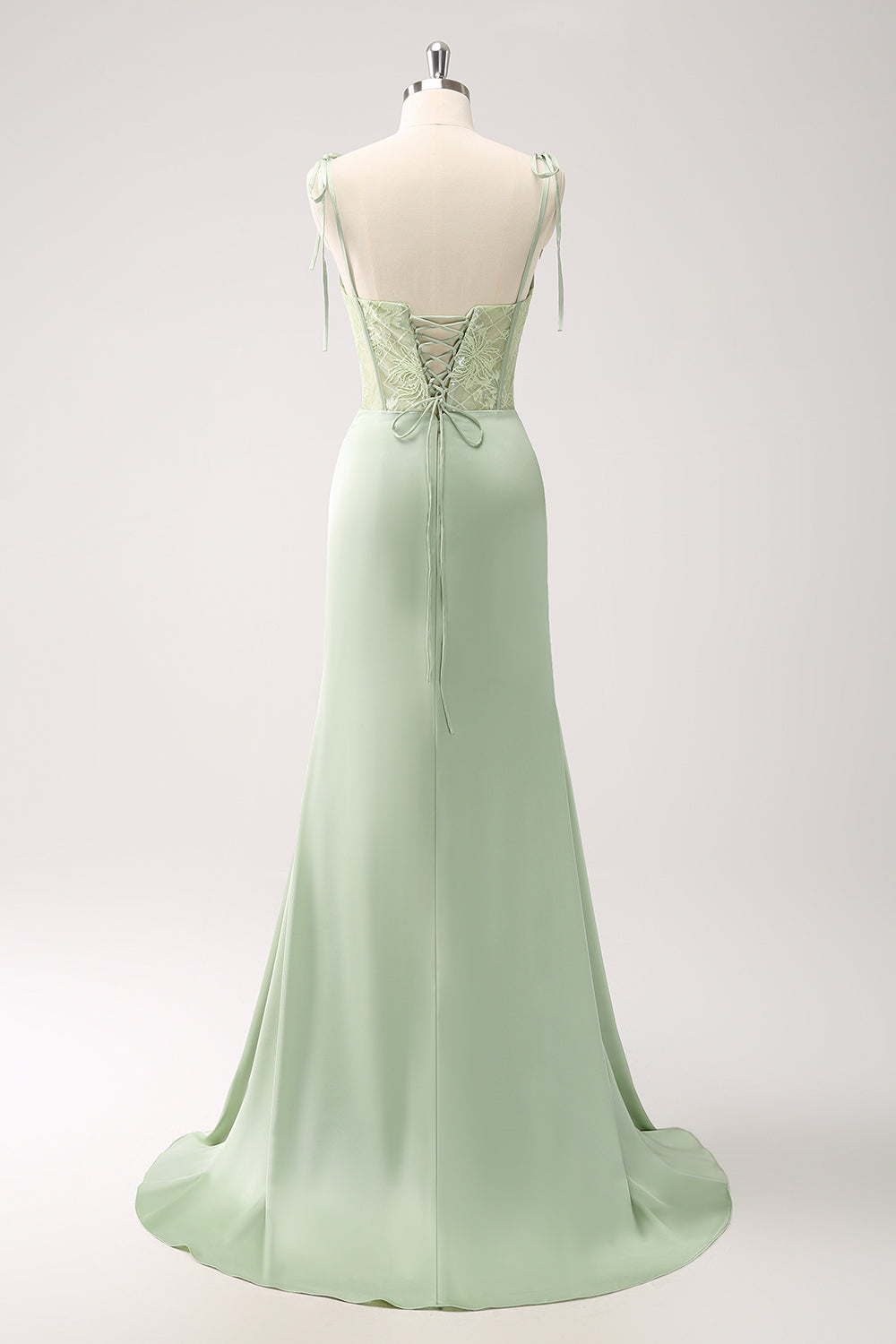 Green Sheath Corset Lace Long Bridesmaid Dress with Slit