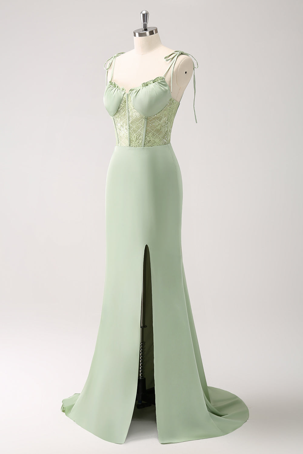 Green Sheath Corset Lace Long Bridesmaid Dress with Slit