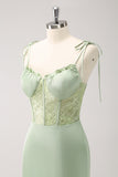 Green Sheath Corset Lace Long Bridesmaid Dress with Slit