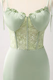 Green Sheath Corset Lace Long Bridesmaid Dress with Slit