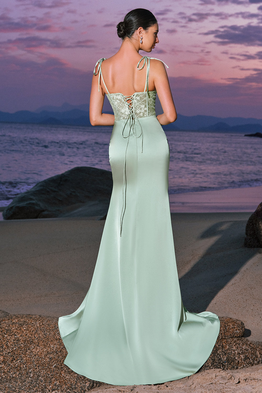 Green Spaghetti Straps Corset Long Bridesmaid Dress with Slit