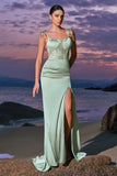 Green Spaghetti Straps Corset Long Bridesmaid Dress with Slit