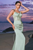 Green Spaghetti Straps Corset Long Bridesmaid Dress with Slit