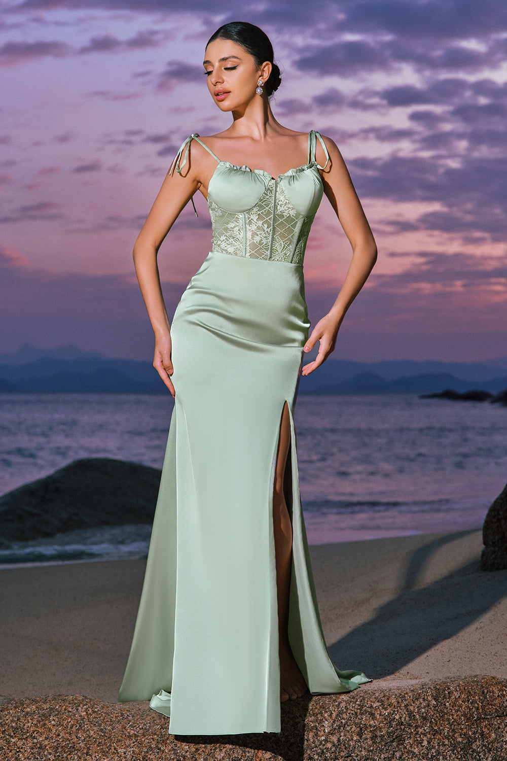 Green Spaghetti Straps Corset Long Bridesmaid Dress with Slit