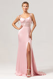 Pink Lace Corset Long Bridesmaid Dress with Slit