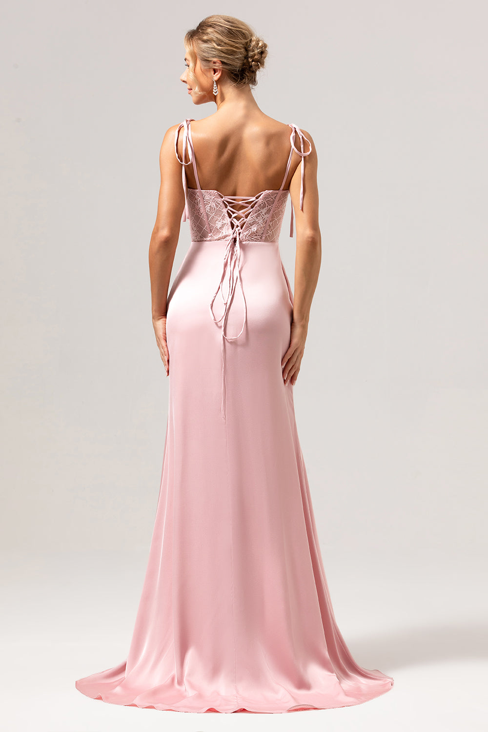 Pink Lace Corset Long Bridesmaid Dress with Slit