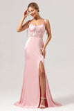 Pink Lace Corset Long Bridesmaid Dress with Slit