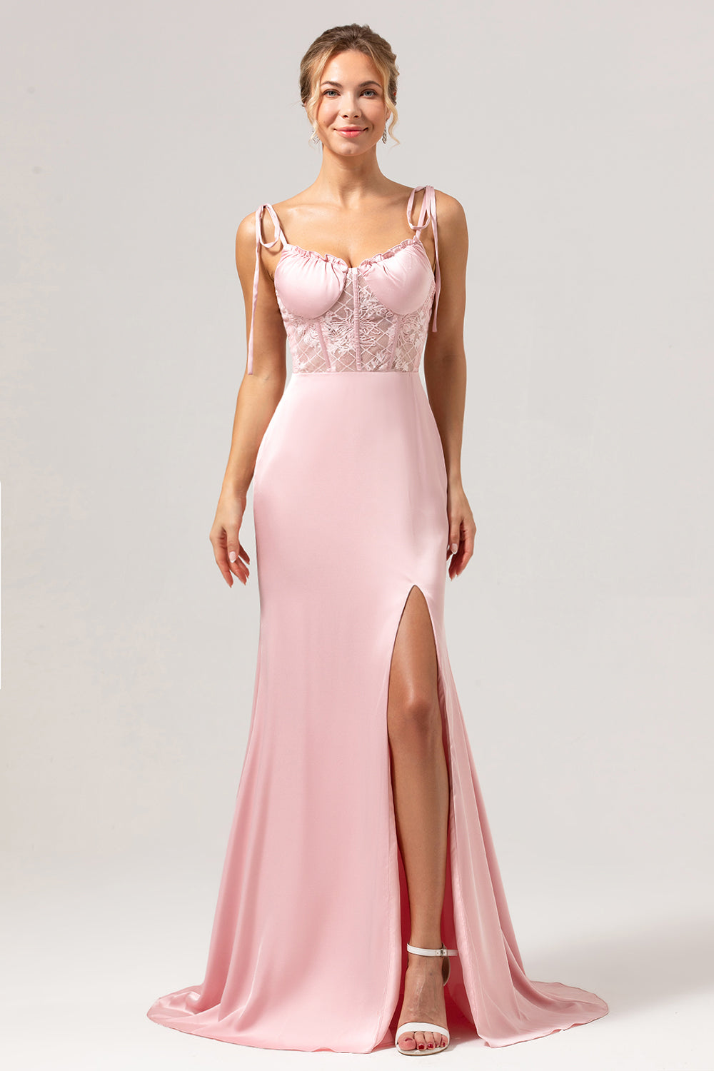 Pink Lace Corset Long Bridesmaid Dress with Slit