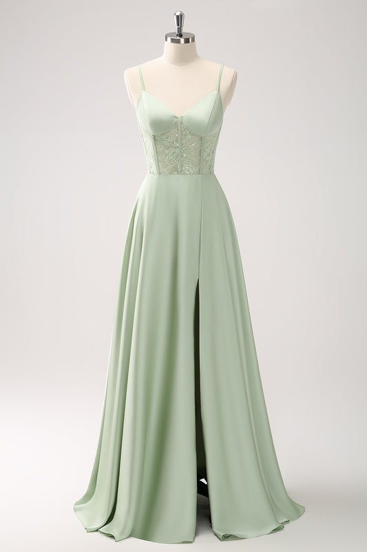 Green Corset Satin Lace Long Bridesmaid Dress with Slit