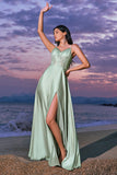 Satin Green Corset Lace Long Bridesmaid Dress with Slit