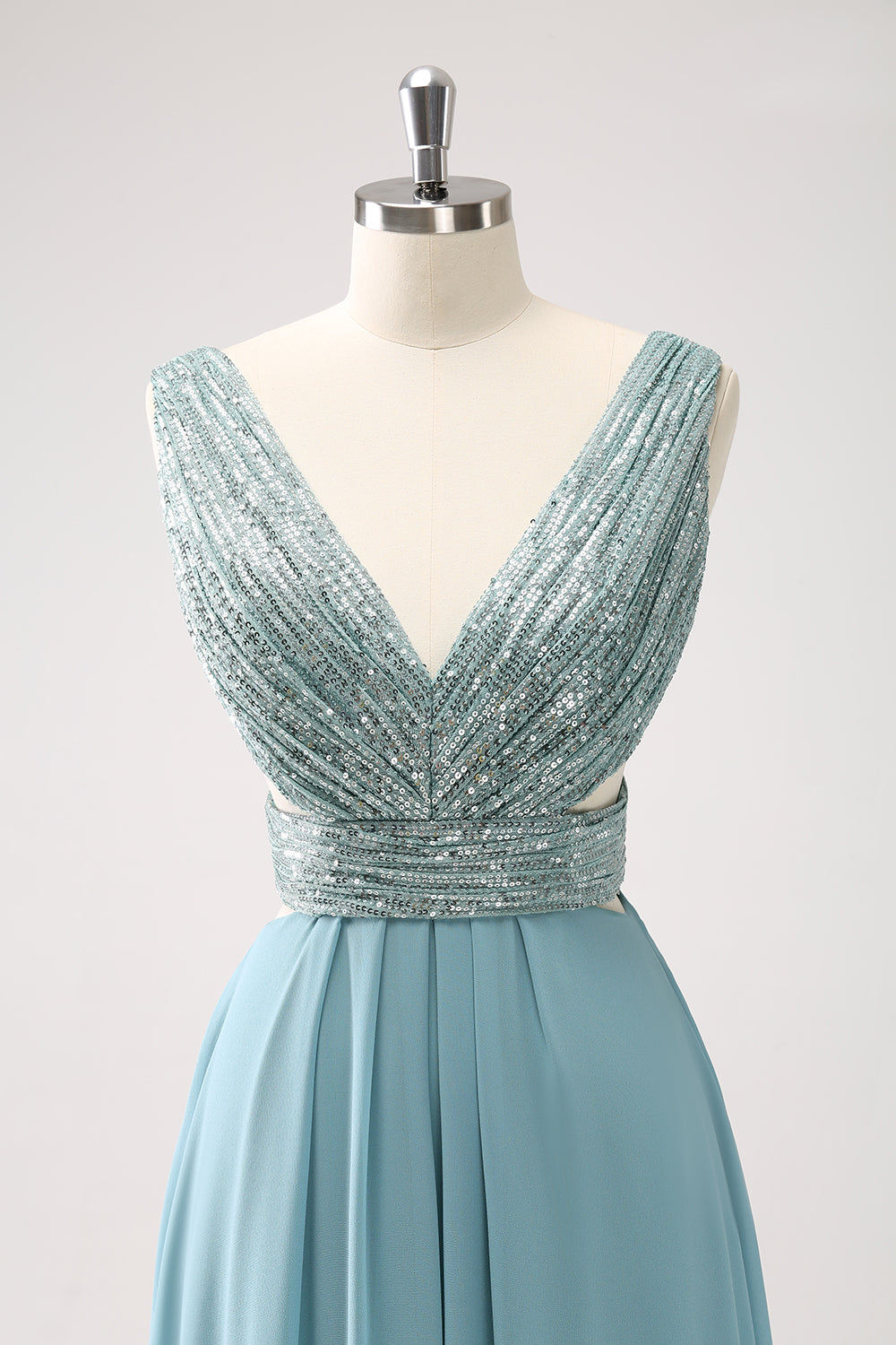 Sparkly Grey Green Sequined A Line Long Bridesmaid Dress