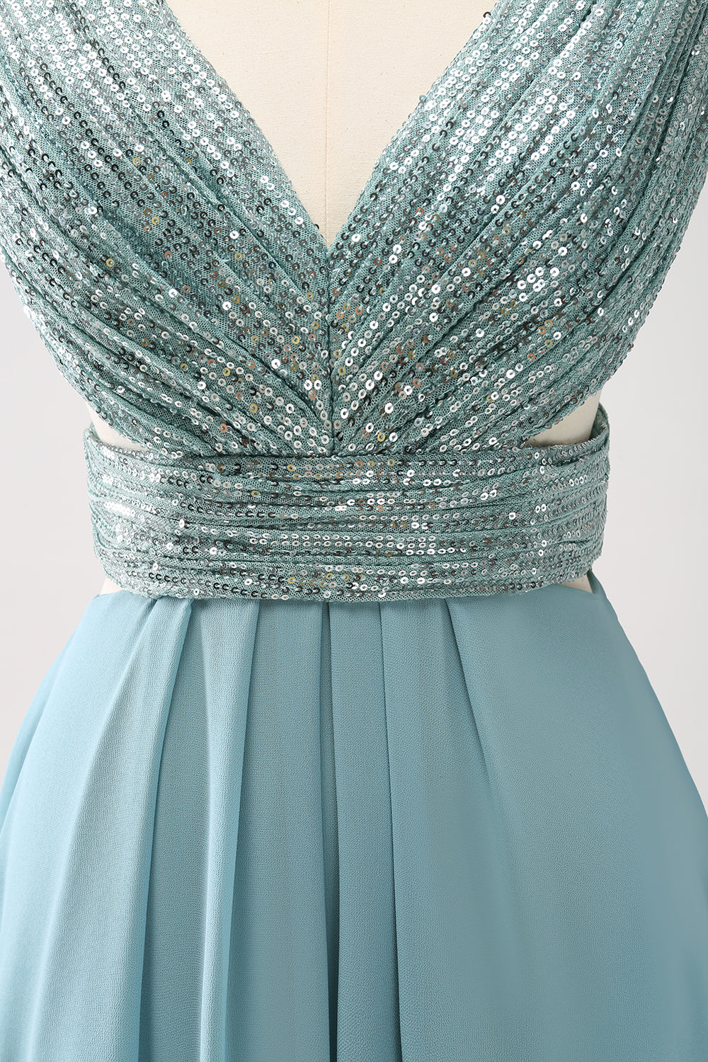 Sparkly Grey Green Sequined A Line Long Bridesmaid Dress