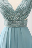 Sparkly Grey Green Sequined A Line Long Bridesmaid Dress