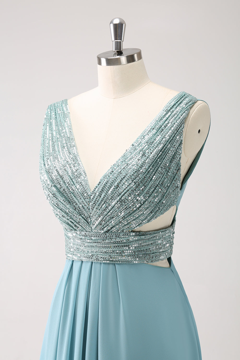 Sparkly Grey Green Sequined A Line Long Bridesmaid Dress