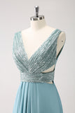 Sparkly Grey Green Sequined A Line Long Bridesmaid Dress