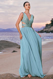 Sparkly Grey Green Sequined A Line Long Bridesmaid Dress