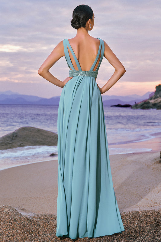 Grey Green V-Neck A-Line Long Bridesmaid Dress