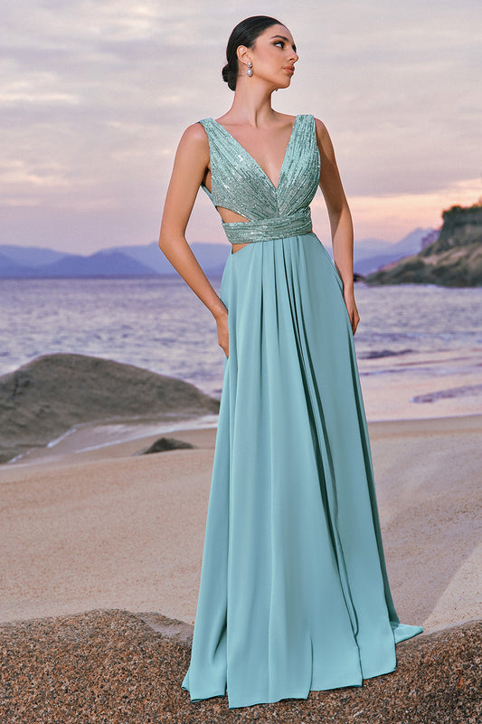 Grey Green V-Neck A-Line Long Bridesmaid Dress