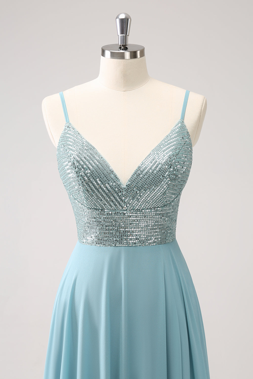 Sparkly Grey Green Sequined A Line Long Bridesmaid Dress With Slit