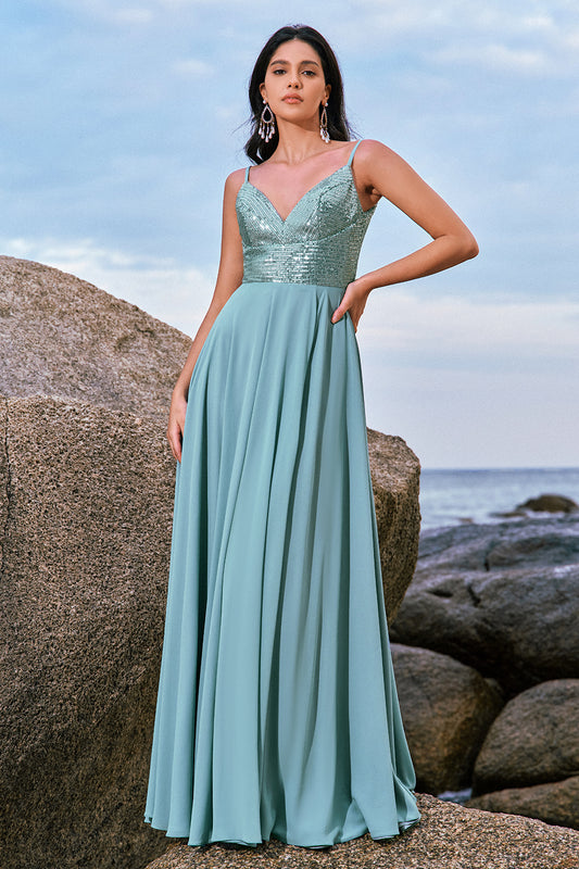 Grey Green Spaghetti Straps Backless Long Bridesmaid Dress With Slit