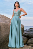 Sparkly Grey Green Sequined A Line Long Bridesmaid Dress With Slit