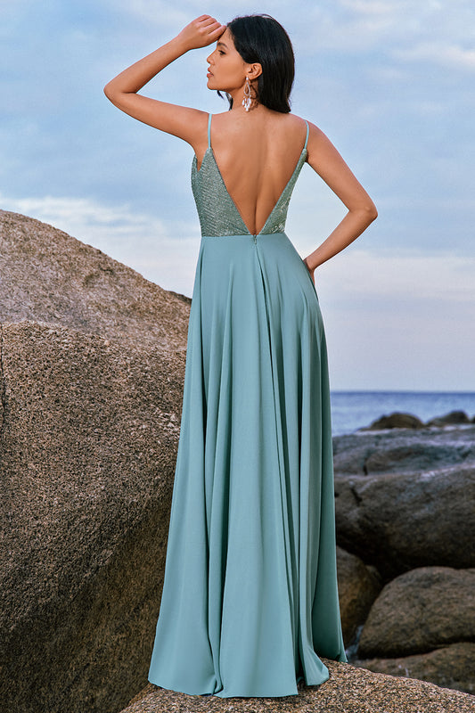 Grey Green Spaghetti Straps Backless Long Bridesmaid Dress With Slit