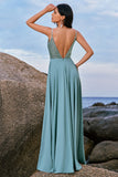 Sparkly Grey Green Sequined A Line Long Bridesmaid Dress With Slit