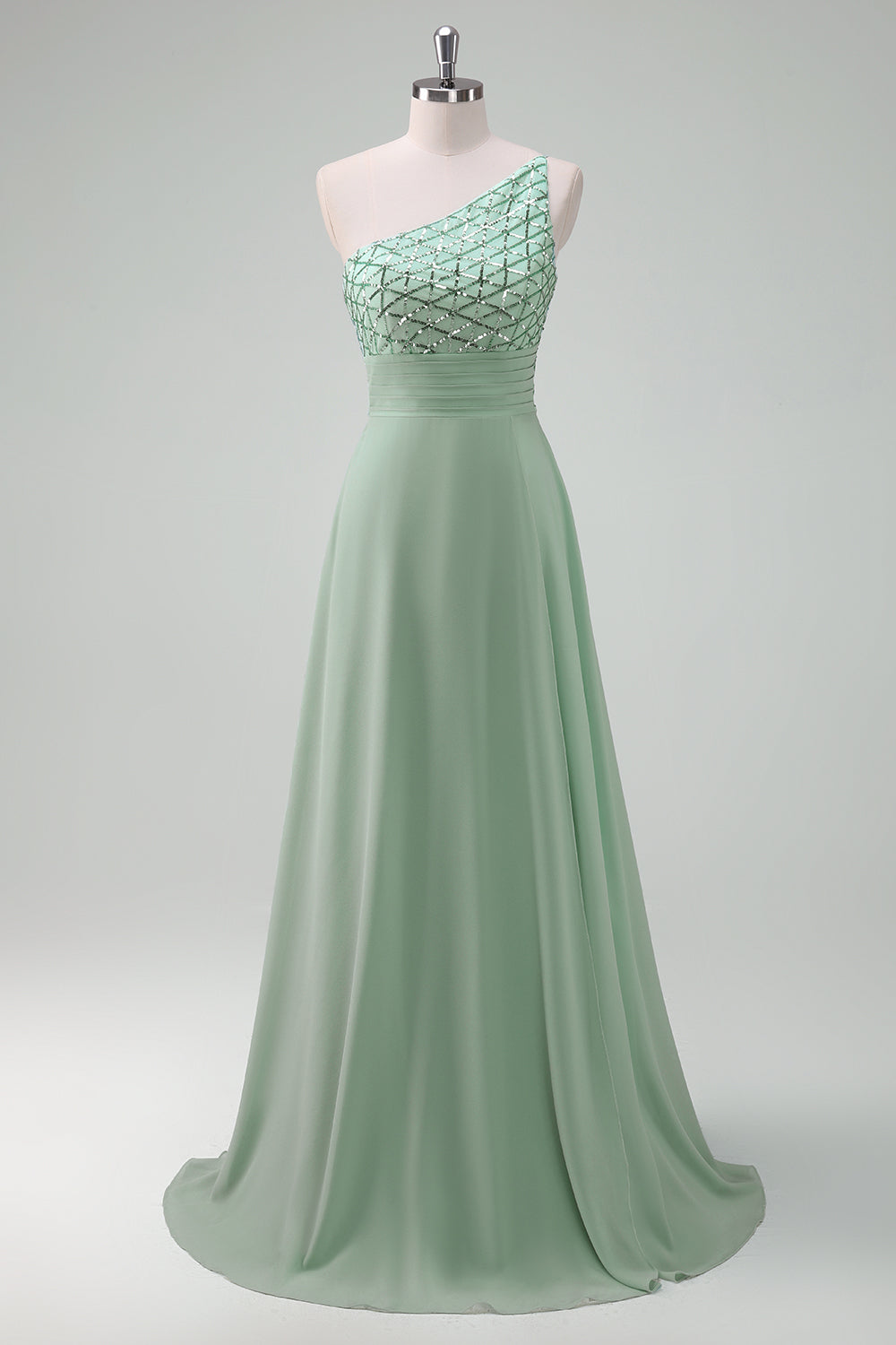 Sparkly Green One Shoulder Chiffon Long Bridesmaid Dress