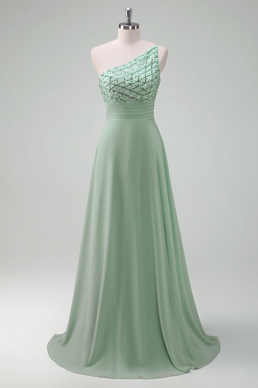 Sparkly Green One Shoulder Chiffon Long Bridesmaid Dress