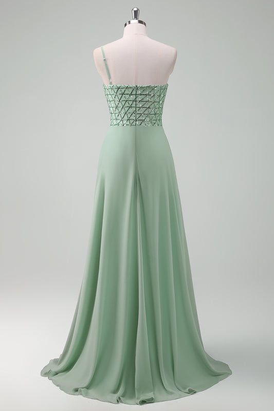 Sparkly Green One Shoulder Chiffon Long Bridesmaid Dress