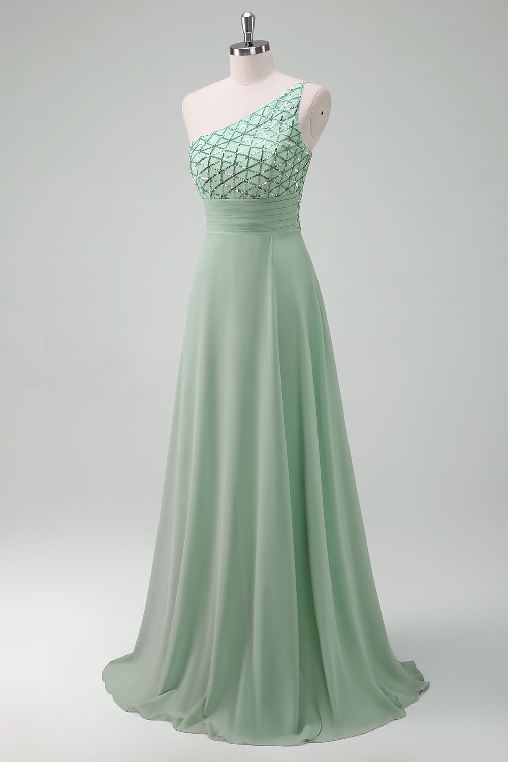 Sparkly Green One Shoulder Chiffon Long Bridesmaid Dress