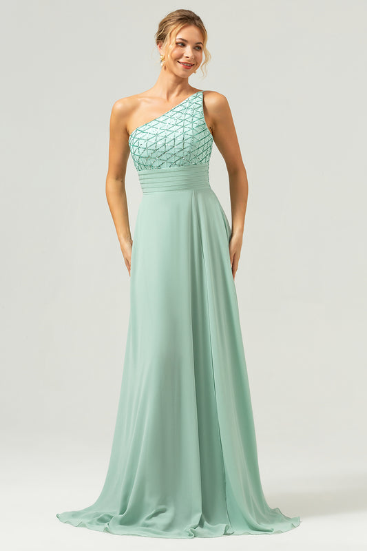 Sparkly Green One Shoulder A-Line Long Bridesmaid Dress