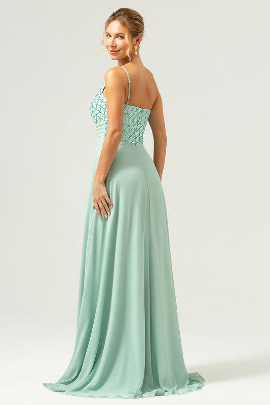 Sparkly Green One Shoulder A-Line Long Bridesmaid Dress