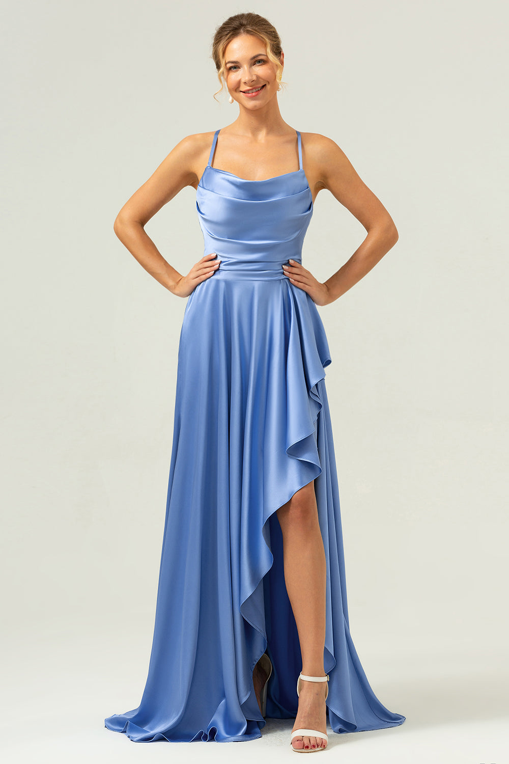 Blue Cowl Neck Satin Asymmetrical Long Bridesmaid Dress with Slit