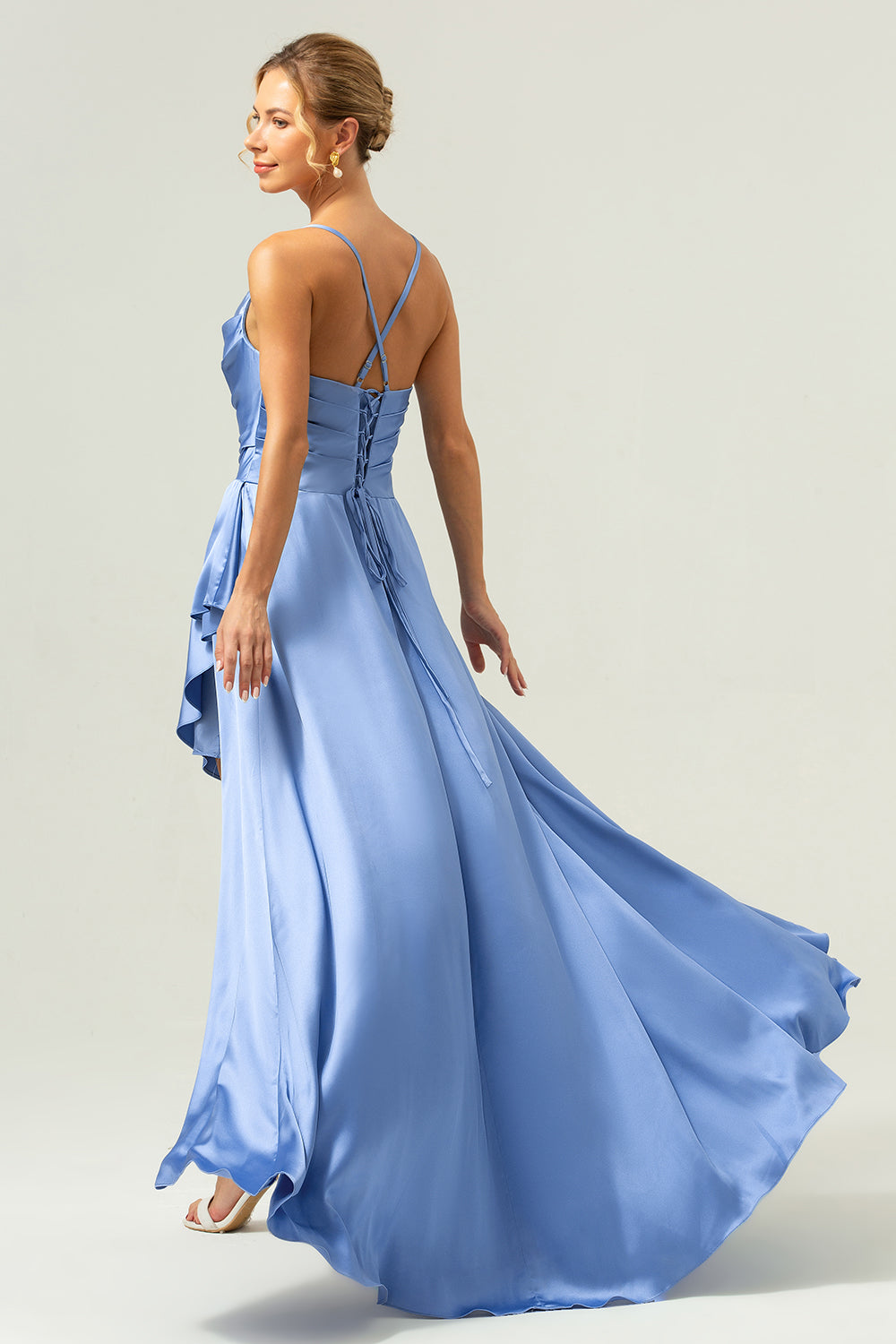 Blue Cowl Neck Satin Asymmetrical Long Bridesmaid Dress with Slit