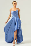 Blue Cowl Neck Satin Asymmetrical Long Bridesmaid Dress with Slit