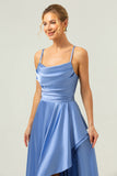 Blue Cowl Neck Satin Asymmetrical Long Bridesmaid Dress with Slit