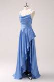 Blue Cowl Neck Spaghetti Straps Asymmetrical Long Bridesmaid Dress with Slit