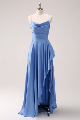 Blue Cowl Neck Spaghetti Straps Asymmetrical Long Bridesmaid Dress with Slit