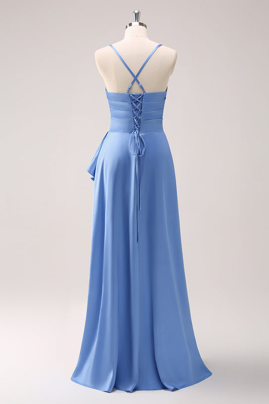 Blue Cowl Neck Spaghetti Straps Asymmetrical Long Bridesmaid Dress with Slit