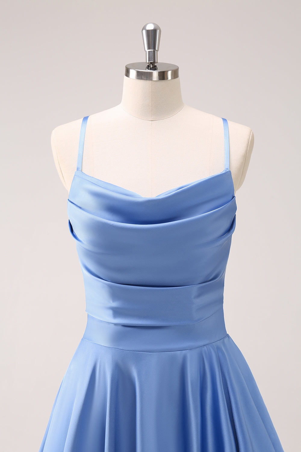 Blue Cowl Neck Spaghetti Straps Asymmetrical Long Bridesmaid Dress with Slit