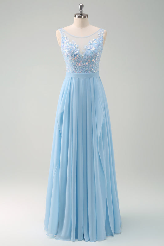 Sky Blue Sequined Chiffon Floral Bridesmaid Dress with Lace